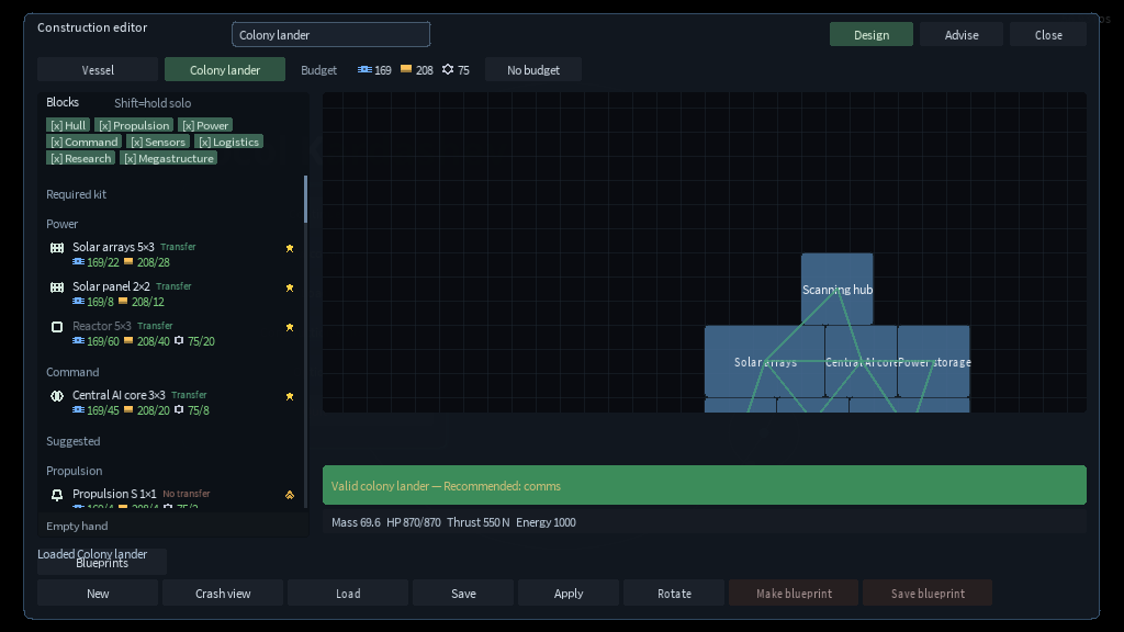 Construction editor with a colony lander design